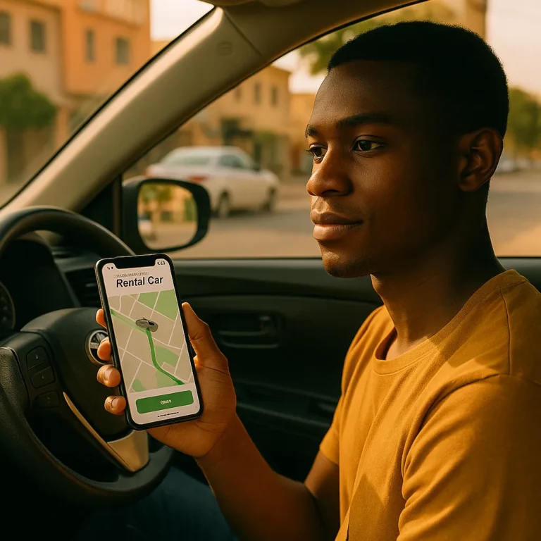 Young African man using a rental car app on his phone while sitting in a parked vehicle, highlighting digital mobility in African cities.