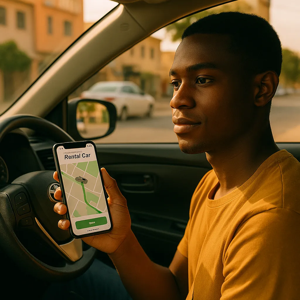 Young African man using a rental car app on his phone while sitting in a parked vehicle, highlighting digital mobility in African cities.
