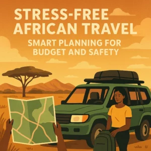 Traveler planning a safe and budget-friendly road trip in Africa with a green SUV, scenic savannah, and a map in hand.
