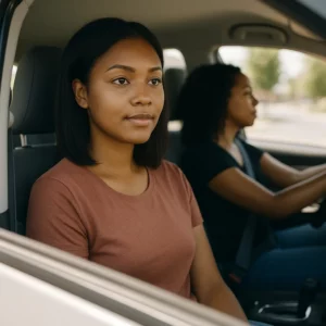 Young woman peacefully traveling in a car with another female driver, representing a safe women-only ride-sharing experience.